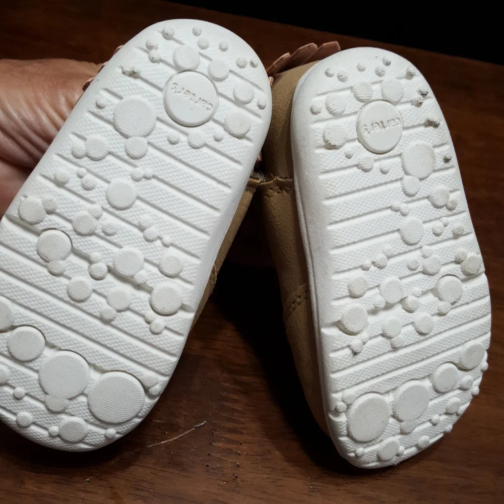 Carter's tan pink unicorn booties velcro fasten sparkle ears and horn sz 3 …EUC